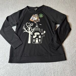 Halloween Top‎ Womens M Black Glow In The Dark Hunted House Feeling Festive NEW